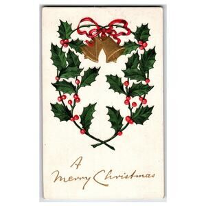 Vintage Embossed Christmas Postcard Gold Bells Holly Berries